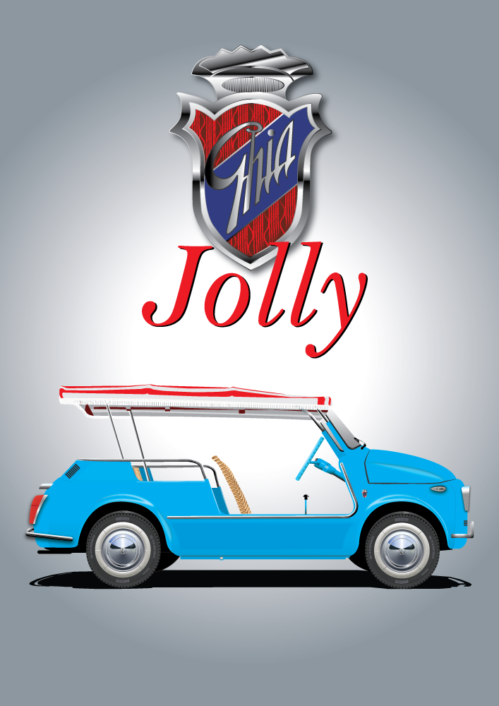 FIAT poster - 500 Ghia Jolly - Grey Background - Ghia Logo