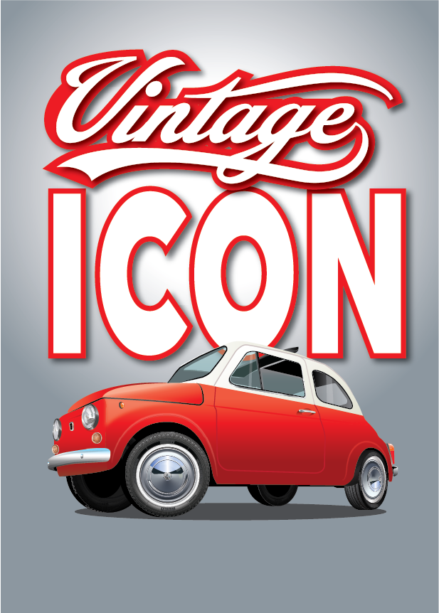 FIAT poster - Classic 500 Vintage Icon  - Grey fade Background - Fiat 500 White and Red