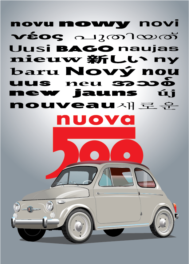 FIAT poster - Classic 500 NUOVA - Grey fade Background - Fiat 500 Grey - NUOVA
