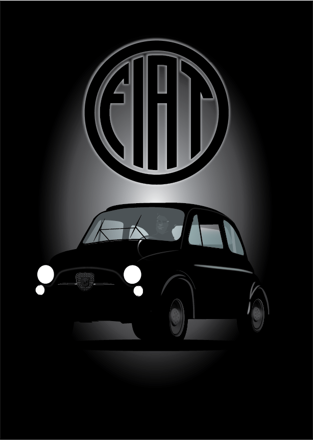FIAT poster - Classic 500 NUOVA - Black Background Silhouette - Fiat 500 Black - Round Fiat