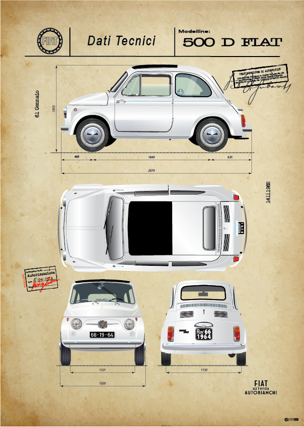 FIAT poster - Classic 500 NUOVA - Blue Print - Fiat 500 White - Vintage Paper Background