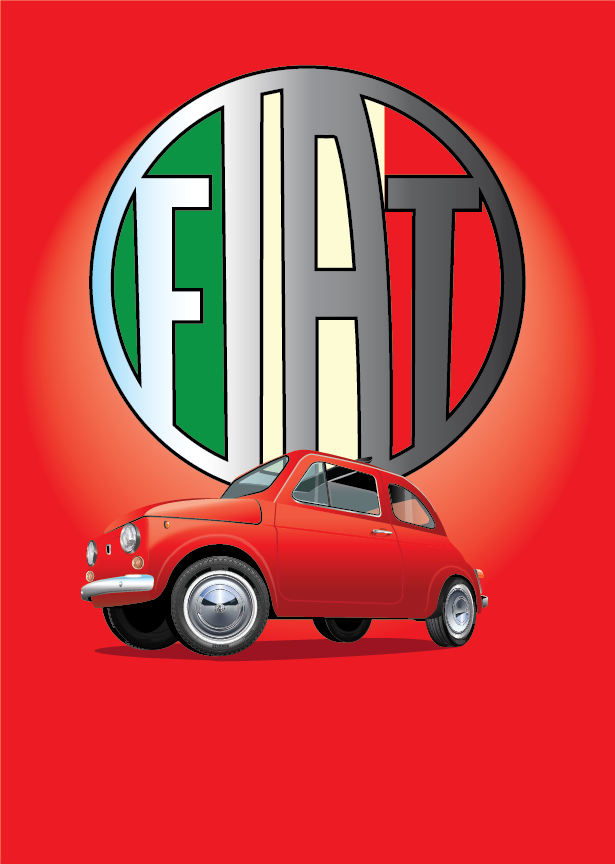FIAT poster - Classic 500 NUOVA - Fiat 500 Red - Italian tricolore - Round Fiat logo