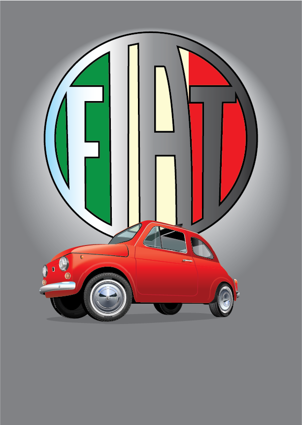 FIAT poster - Classic 500 NUOVA - Fiat 500 Red - Italian tricolore - Grey Background - Round Fiat logo